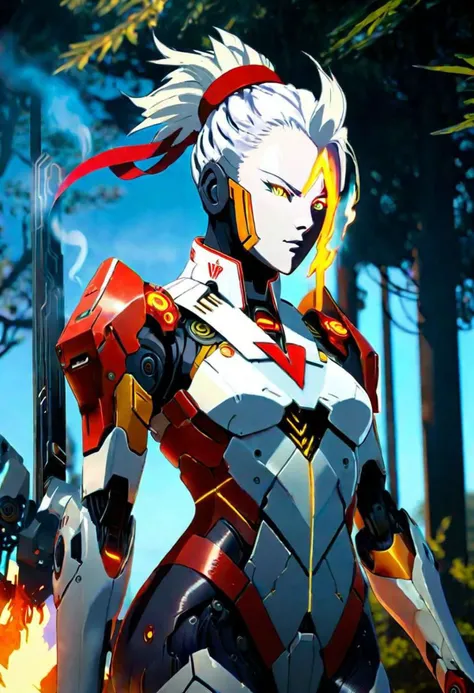 anime game, a beautiful woman with white face and white hair in a braid and red forehead ribbon, she is wearing a white futuristic darkness god radiance god mech armor burning and smoking destroyed radiance boss golden Titan Cyberpunk Venom Evangelion mech wreck with red trim, she is standing, sunlit, weak lights and shadows, tree canopy