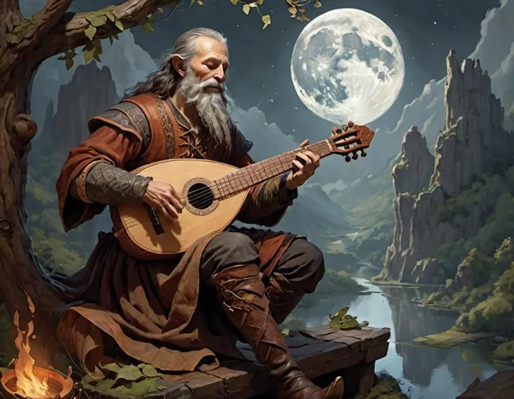 A bard strums a lute carved from moonwood, his song weaving tales of forgotten kingdoms and ancient magic.