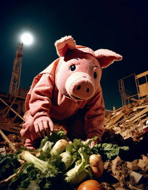 low angle from below, close up, under the cloudy full moon, man in ragged torn plush pig costume, crawling on a rotten pile of waste vegetables, construction site, dramatic Lomography Redscale