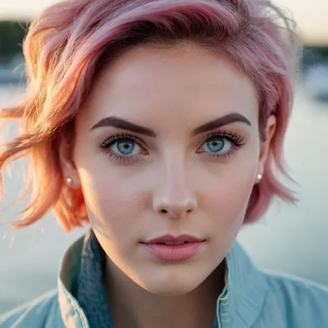 (very close shot, close-up zoomed in face portrait:1.5) photo of a neutral, (closed mouth:1.5) Shocked Slender young 26 year old California woman with Pixie Cut Wavy Blunted Pink hair, Blue Narrow eyes, Square face, Small nose, Narrow jaw, Thin mouth, Full brows, Tall chin, (Large breasts:1.3), big ass, (manicured nails:1.1),.
She is wearing a (Light blue Gauze jacket and pants:1.1).
She is facing right in a waterfront. evening, cloudy.
cinematic lighting, vibrant colors, detailed skin texture, detailed cloth texture, beautiful detailed perfect face, intricate sharp details, ultra high res