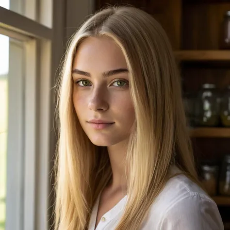 (Zoomed in face portrait:1.3) of a smirking young 22 year old Georgian woman with long Straight Layered blonde hair, Green Narrow eyes, Square face, Round nose, Defined jaw, Full mouth, Angled brows, Small chin, and (closed mouth:1.3). side profile to the left. Modern style, inside a Pantry , Farm visible through window, Morning, sunshine, cinematic lighting, detailed skin texture, detailed cloth texture, beautiful detailed face, intricate sharp details, ultra high res.