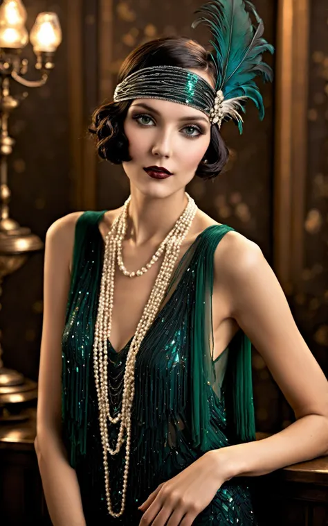 classic 1920s speakeasy ambiance, dimly lit, smoky background with a hint of jazz music notes in the air, [central focus] ((elegant flapper outfit)), iconic drop-waist dress, layers of shimmering fringes, deep jewel tones like emerald or sapphire, intricate beadwork creating swirling art deco patterns, complemented by a ((sheer, delicate shawl)), lightly draped over the shoulders. The model, a young adult woman, embodies the roaring twenties' spirit with her confident posture and charismatic charm. Her hair styled in a sleek bob, adorned with a bejeweled headband featuring feathers and sparkling gems, accentuating the luxuriousness of the era. Makeup is bold and dramatic, with smoky eyes and deep red lips, highlighting the rebellious yet sophisticated nature of the flapper style. Accessories include long pearl necklaces, multiple bangle bracelets, and a classic cigarette holder, adding layers of elegance and rebellion. The scene is further enriched by period-appropriate props like a vintage gramophone, a crystal glass of champagne, and art deco motifs in the background, providing a perfect blend of historical accuracy and stylized interpretation. The overall composition exudes a sense of nostalgia, freedom, and opulence, capturing the essence of the 1920s fashion revolution. (dynamic photoshoot sexy feminine pose, adorable cute face, extremely pretty,  iridescent eyes,hourglass figure:1.4),(December Issue:1.2),(perfect boudoir lighting:1.2),SimplePositiveXLv2,