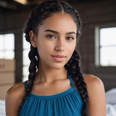 (Very close shot, zoomed in close-up face portrait:1.5) photo of a smirking, (closed mouth:1.5) calm young 23 year old (Mexican:1.3) woman with medium wavy braids black hair, dark blue eyes.
looking down. Modern style, inside a bedroom , warehouse visible through window, morning.
detailed skin texture, detailed cloth texture, detailed face, (intricate sharp details:1.5), ultra high res
