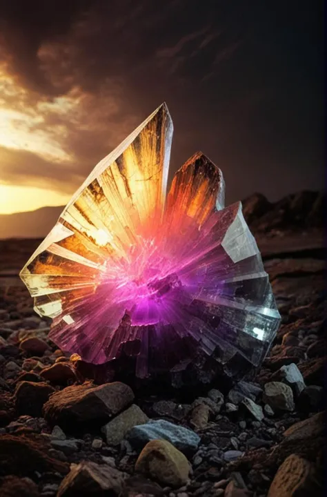 (Introduce quality iteratively))((large glowing transparent natural mineral, mystic light inside, sunbeam, sunset, lightnings, dramatic lighting))(evocative depth of field)(grounded sharpness)(abyss black point)(art of genius)(earthly gradients)(earthy colorful saturated hues))(earth corners vignette))
<lora:LCM-LoRA-XL_V1:0.21>
<lora:SDXLHighDetail_v5:0.3>