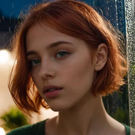 (Very close shot, zoomed in close-up face portrait:1.5) photo of a pondering, (closed mouth:1.5) aroused petite young 20 year old (Algerian:1.3) woman with long natural pixie cut red hair, green eyes.
She is side profile to the right. Modern style, inside a patio , stream visible through window, midnight, raining.
detailed skin texture, detailed cloth texture, detailed face, (intricate sharp details:1.5), ultra high res