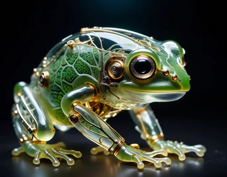 cinematic film still of a translucent (cybernetic robot-like Glass frog:1.5), (glowing veins:1.3) (cables going into body, circuits:1.3), extremely detailed, <lora:xl_more_art-full_v1:0.5>, vignette, highly detailed, high budget, bokeh, moody, epic, gorgeous, film grain, grainy