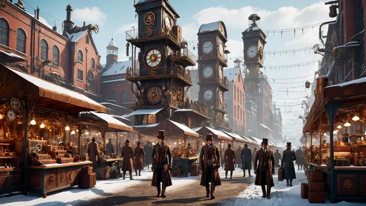 Landscape (cgi art:1.3) of a (Steampunk style:1.5) market with gadgets and people in the background, afternoon, snowing
vibrant colors, (intricate sharp details:1.5), ultra high res