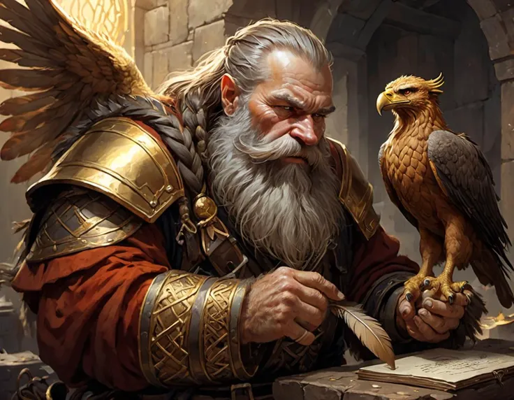 A gruff dwarf, his beard braided with gold, haggling over the price of a griffin feather said to grant wishes.