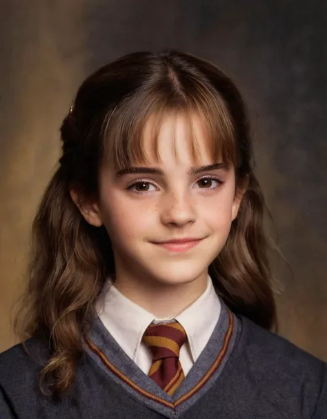 a beautiful picture of  emma watsonXL, brunette,detailed skin texture,masterpiece, photorealistic, woman,11 years old, light brown eyes, RAW color photo,(fully in frame:1.1), (blush:0.5), (goosebumps:0.5),  (smiling:0.7),  wearing a hogwarts school uniform,<lora:watsonXL (5):1>