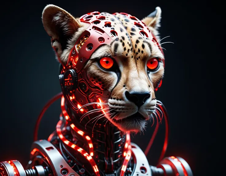 cinematic film still of a translucent (cybernetic robot-like Cheetah:1.5), (red glowing veins:1.3) (cables going into body, circuits:1.3), extremely detailed, <lora:xl_more_art-full_v1:0.5>, vignette, highly detailed, high budget, bokeh, moody, epic, gorgeous, film grain, grainy