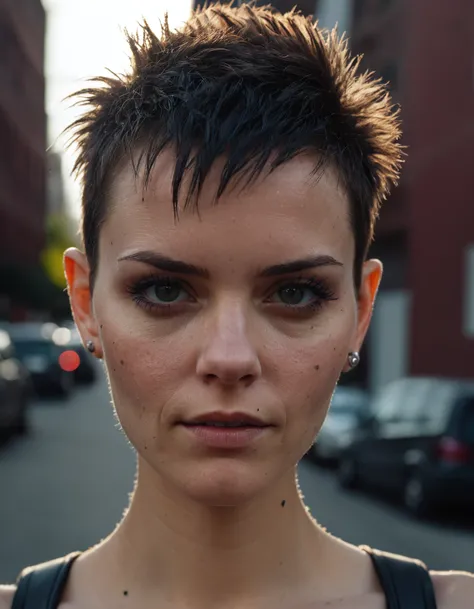 natural skin, a punk woman, very short hair, realistic skin texture, on a street, cinematic lighting, 35mm, 4k, UHD, masterpiece
