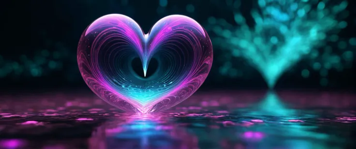 a Heart figure of water in the forground and a background of fractalite Grand Unified Theory in various different colors, stable diffusion,
((photo raw)), rossdraws global illumination and soft lighting ((light bokeh)) and movie still , ,