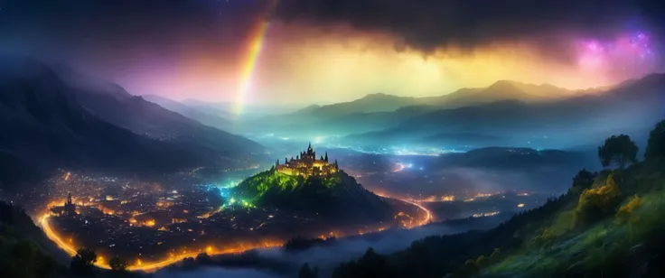 Valley, with castle , on a mountain looking down to aa futuristic town in the style of soft lighting Depth of Field Blur and Bokeh Panorama , , biopunk with detailed detail in the style of Vincent Di Fate , night sky, stars, galaxy, very few clouds, and heavy mist, and rainbow,,
((photo raw)),