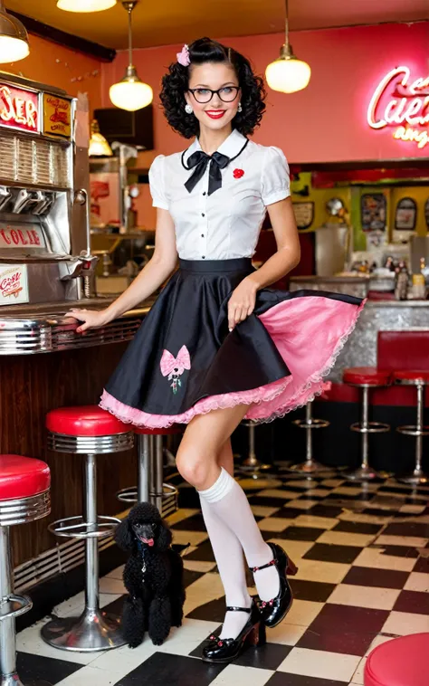 (25 years old, small perky covered breasts, cleavage, skinny, slender, young woman:1.2), (Oval-shaped face, luminous complexion, Bright almond-shaped eyes, Arched defined eyebrows, retroussé nose, bow-shaped lips:1.2), bustling 1950s American diner, neon lights, jukebox in the corner, ((eye-catching poodle skirt)), classic knee-length, vivid pink with a playful, embroidered black poodle design, fluffy petticoat underneath, paired with a crisp, white blouse, short sleeves, delicate pearl buttons, ((young adult woman)), Caucasian, brunette ponytail, bouncy curls, cherry red lipstick, cat-eye glasses with rhinestone accents, white bobby socks, black saddle shoes, holding a milkshake with a striped straw, surrounded by vintage posters, checkerboard floor, nostalgic and vibrant atmosphere, capturing the essence of exuberance and 1950s fashion (dynamic photoshoot sexy feminine pose, adorable cute face, extremely pretty,  iridescent eyes,hourglass figure:1.4),(December Issue:1.2),(perfect boudoir lighting:1.2),SimplePositiveXLv2,
