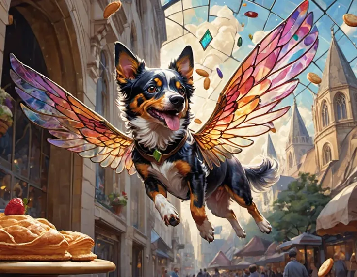 A playful pixiedog, its wings like stained glass, zips through the air, snatching a pastry from a distracted baker before disappearing into the throng.