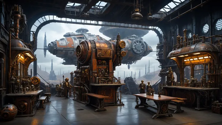 <lora:add-detail-xl:1.5>, <lora:AetherPunkAIv2:0.5> (aetherpunkai:1.1), <lora:ScrapBuiltAI:0.5> (scrapbuiltai:1.1), (Steampunk style:1.3), (Star Wars style:1.3), (science fiction style:1.3).
Apocalyptic factory with (benches, cabinets:0.5) and (a window:0.5) in the background. evening, overcast.
cinematic lighting, vibrant colors, detailed skin texture, detailed cloth texture, beautiful detailed perfect face, intricate sharp details, ultra high res