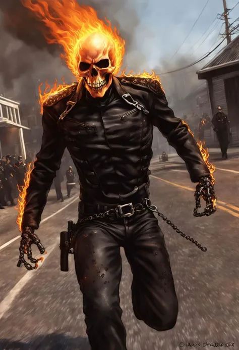 ((realistic,digital art)), (hyper detailed), <lora:h4l0w3n5l0w5tyl3DonMD4rk-XLv1.1:1> Ghost rider, (flame_surge_style:0.8), no hair, Skull on fire, chain on body, Chasing by a cop