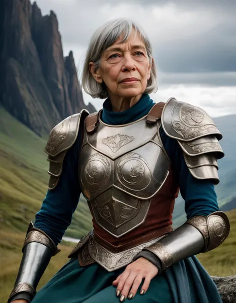(Ursula K. Le Guin, Earthsea:1.5), (fantasy style:1.1). (close shot, zoomed in face portrait:1.3) photo of a strong Ecuadorian woman with medium blonde bobbed, (perfect hands:1.5), (manicured nails:1.5).
She is wearing a (gritty realistic fantasy metal armor, bracers, boots:1.1).
She is sitting, legs together facing left, in a glen with canyons and crags in the background. morning, cloudy.
cinematic lighting, vibrant colors, detailed skin texture, detailed cloth texture, beautiful detailed perfect face, intricate sharp details, ultra high res