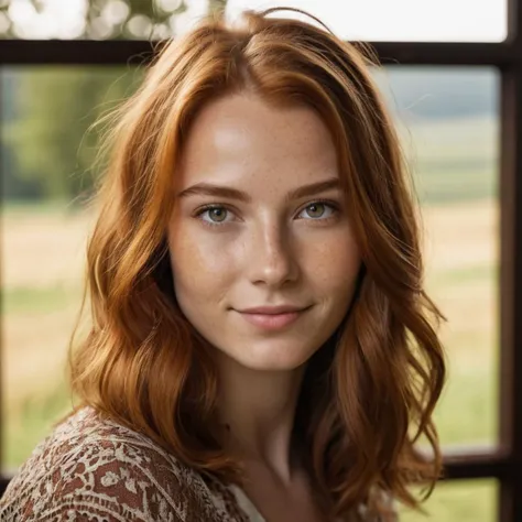 (Close-up face portrait:1.3) of a smiling young 29 year old Kosovar woman with Medium Straight Bohemian ginger hair, Grey Wide eyes, Round face, Round nose, Defined jaw, Wide mouth, Full brows, Strong chin, and (closed mouth:1.3). side profile to the right. Modern style, inside a Living room , Farm visible through window, Evening, sunshine, detailed skin texture, detailed cloth texture, beautiful detailed face, intricate sharp details, ultra high res.