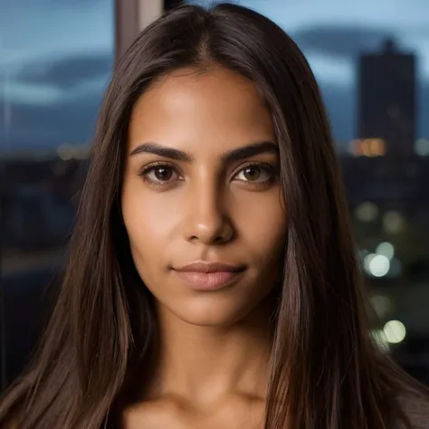 (Zoomed in face portrait:1.3) of a smirking young 29 year old Venezuelan woman with long Straight Bohemian brunette hair, brown Large eyes, Square face, High nose, Wide jaw, Full mouth, Angled brows, Strong chin, and (closed mouth:1.3). looking up. Modern style, inside a Living room , Town visible through window, Evening, overcast, cinematic lighting, detailed skin texture, detailed cloth texture, beautiful detailed face, intricate sharp details, ultra high res.