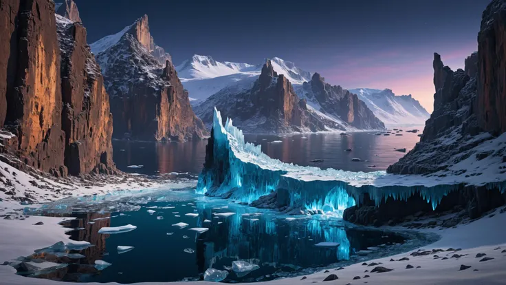 Landscape (3d illustrated art:1.3) of a (enchanted homeric epic, iliad, odyssey style:1.5) ocean with cliffs and crags in the background, icy landscape with ice crystals, snow, and shards of ice, night, clear
vibrant colors, (intricate sharp details:1.5), ultra high res