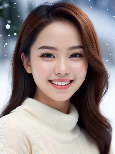 (Emma Maembong), beautiful 20yo , pretty face, natural body, glowing skin, seductive smile, full lips, super detailed, trending on artstation, slim, smiling, ultra realistic, snow

