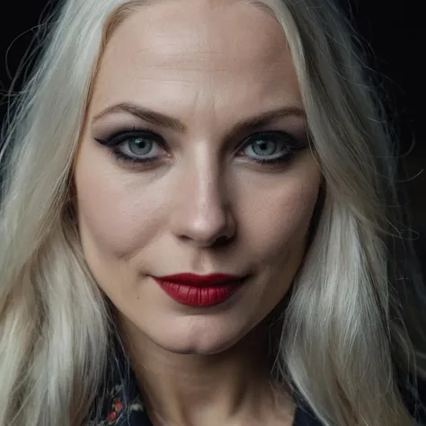 (Zoomed-in close-up face portrait:1.3) photo of a smirking, (closed mouth:1.5) curious 38 year old (Ukrainian:1.1) young woman with long platinum hair, black eyes, (makeup, eyeliner, eyeshadow, lipstick:0.9), (pores:0.5), (goosebumps:0.5), (film grain:0.9).
She is in a (quaint bucolic:1.1) village, midnight.
detailed skin texture, detailed cloth texture, detailed face, (intricate sharp details:1.5), ultra high res