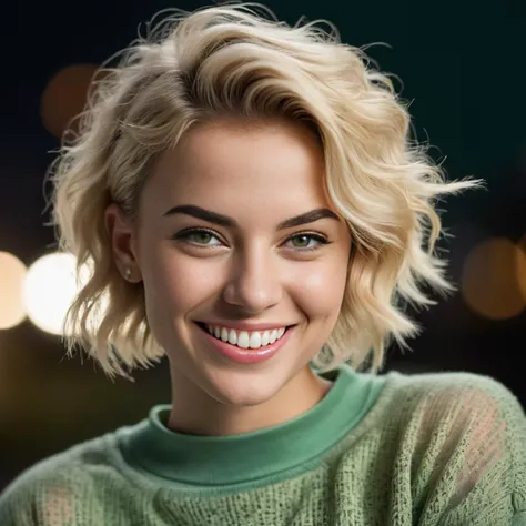 laughing, (perfect teeth:1.3) Loving Toned young 28 year old Canadian woman with Pixie Cut Wavy Blunted blonde hair, Brown Narrow eyes, Slim face, Small nose, Strong jaw, Full mouth, Narrow brows, Small chin, (Large breasts:1.3), big ass, (manicured nails:1.1),. 
She is wearing a (Light green Sheer sweatshirt and leggings:1.1). 
She is facing down in a hamlet. night, snowing.
cinematic lighting, vibrant colors, detailed skin texture, detailed cloth texture, beautiful detailed perfect face, intricate sharp details, ultra high res