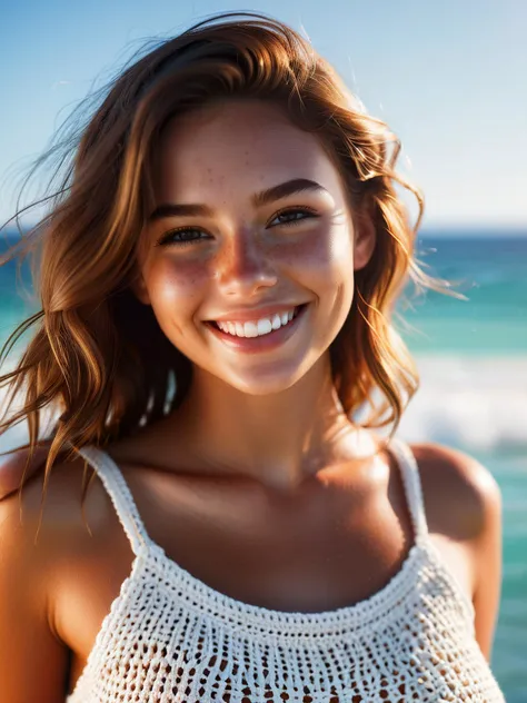 beautiful 20yo Australian, pretty face, natural body, tanned skin, seductive smile, full lips, lens flare, ocean, super detailed, trending on artstation, slim, smiling, laughing, ultra realistic, tanlines. freckles, crocheted summer top

