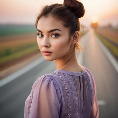 (very close shot, close-up zoomed in face portrait:1.5) photo of a frowning, (closed mouth:1.5) Horny Thin young 24 year old Kazakhstan woman with Medium Wavy Bun Mahogany hair, Grey Large eyes, Oval face, Turned-Up nose, Wide jaw, Wide mouth, Full brows, Small chin, (Small breasts:1.3), toned ass, (manicured nails:1.1),.
She is wearing a (Light Purple Gauze blouse, miniskirt, and tights:1.1).
She is facing away from camera in a highway. sunset, misty.
cinematic lighting, vibrant colors, detailed skin texture, detailed cloth texture, beautiful detailed perfect face, intricate sharp details, ultra high res