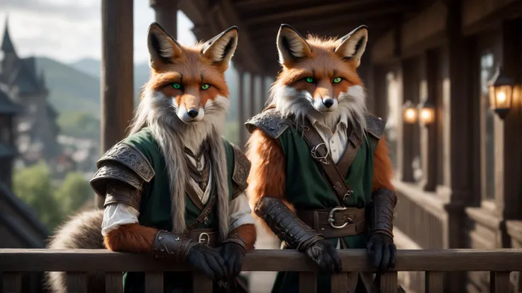 on the balcony of a a fantasy town in the style of unreal engine , hard lighting, Depth of Field Blur, Zoom Blur, Zoom Blur, , detailed Luis Royo ,
a furry with with fox ears and tails, (( animal dark green eyes , )) ,
((photo raw)), godrays, ,