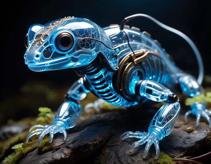 cinematic film still of a translucent (cybernetic robot-like Paddle-tail newt:1.5), (blue glowing veins:1.3) (cables going into body, circuits:1.3), extremely detailed, <lora:xl_more_art-full_v1:0.5>, vignette, highly detailed, high budget, bokeh, moody, epic, gorgeous, film grain, grainy