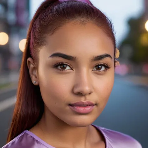 (very close shot, close-up zoomed in face portrait:1.5) photo of a smirking, (closed mouth:1.5) Depressed Athletic young 18 year old Maori woman with Short Straight Blunted red hair, Hazel Large eyes, Round face, Short nose, Strong jaw, Wide mouth, Arched brows, Tall chin, (Medium breasts:1.3), toned ass, (manicured nails:1.1),.
She is wearing a (Light Purple Satin blouse, miniskirt, and tights:1.1).
She is facing up in a boulevard. midnight, foggy.
cinematic lighting, vibrant colors, detailed skin texture, detailed cloth texture, beautiful detailed perfect face, intricate sharp details, ultra high res