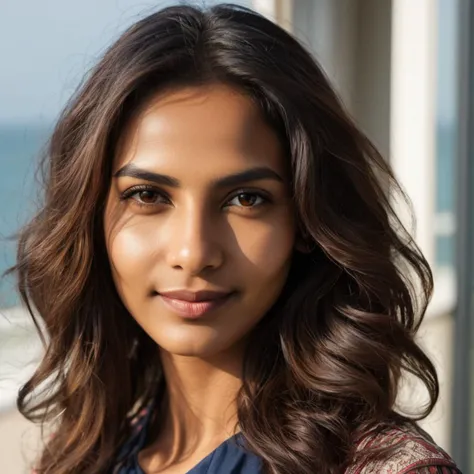 (Close-up face portrait:1.3) of a smirking 29 year old Bangladesh woman with medium Wavy Bohemian brunette hair, brown Wide eyes, Slim face, Medium nose, Defined jaw, Full mouth, Arched brows, Tall chin, and (closed mouth:1.3). turned towards camera. Modern style, inside a Terrace , Ocean visible through window, Noon, sunshine, detailed skin texture, detailed cloth texture, beautiful detailed face, intricate sharp details, ultra high res.