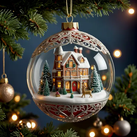 An intricate Christmas decoration graces the holiday atmosphere with its enchanting complexity. A handcrafted glass bauble, adorned with a myriad of detailed scenes, delicately captures the spirit of the season. Tiny, meticulously painted vignettes unfold like a festive storybook, depicting jolly Santas, lively reindeer, and quaint winter villages dusted with shimmering snow. Intricate gold and silver filigree wrap around the bauble, forming intricate patterns that catch and reflect the warm glow of twinkling fairy lights. In the heart of this miniature masterpiece, a tiny mechanism plays a melodic tune, adding a musical layer to the visual spectacle. Hung delicately from the boughs of a Christmas tree, this intricate decoration becomes a focal point, inviting all to marvel at its artistry and partake in the joyous celebration of the holiday season.