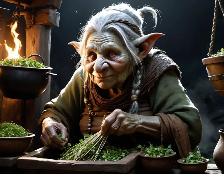 An elderly troll woman, hunched over a stall brimming with bubbling cauldrons and knotted herbs. Her face is a roadmap of wrinkles, each etched with a story untold. Her eyes, though clouded with age, hold a spark of mischievous wisdom. She speaks in riddles and whispers of forgotten lore, her voice a low rumble that sends shivers down spines and sets hearts racing with anticipation. People approach her stall with a mixture of fear and fascination, drawn to the secrets she seems to hold within her gnarled fingers.