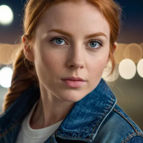 (very close shot, close-up zoomed in face portrait:1.5) photo of a thinking, (closed mouth:1.5) Bored Thin young 34 year old Icelandic woman with Medium Natural Pigtails Ginger hair, Blue Wide eyes, Oval face, Small nose, Strong jaw, Full mouth, Thick brows, Tall chin, (Huge breasts:1.3), toned ass, (manicured nails:1.1),.
She is wearing a (Camoflauge Polyester jacket and jeans:1.1).
She is facing left in a store. night, foggy.
cinematic lighting, vibrant colors, detailed skin texture, detailed cloth texture, beautiful detailed perfect face, intricate sharp details, ultra high res