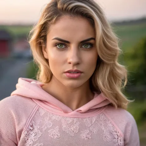 (very close shot, close-up zoomed in face portrait:1.5) photo of a thinking, (closed mouth:1.5) Angry Bodybuilder young 25 year old Israeli woman with Medium Wavy Blunted blonde hair, Green Large eyes, Slim face, Large nose, Strong jaw, Large mouth, Full brows, Small chin, (Tiny breasts:1.3), toned ass, (manicured nails:1.1),.
She is wearing a (Light Pink Lace sweatshirt and jeans:1.1).
She is facing perpendicular to camera in a village. midnight, misty.
cinematic lighting, vibrant colors, detailed skin texture, detailed cloth texture, beautiful detailed perfect face, intricate sharp details, ultra high res