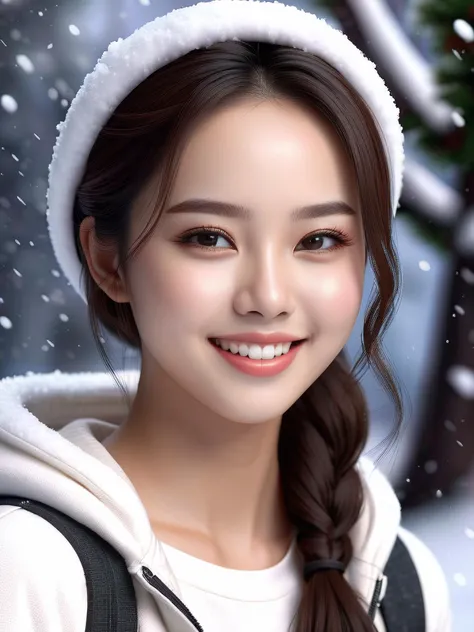 (Emma Maembong), beautiful 20yo , pretty face, natural body, glowing skin, seductive smile, full lips, super detailed, trending on artstation, slim, smiling, ultra realistic, snow