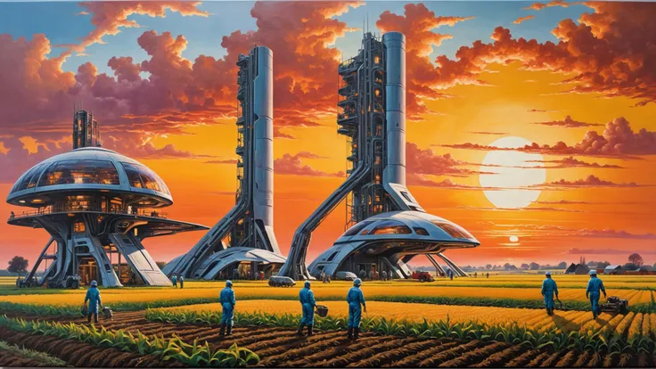 Landscape (oil painting on canvas art:1.3) of a (Futuristic style:1.5) farm with people and buildings in the background, sunset, clear
vibrant colors, (intricate sharp details:1.5), ultra high res