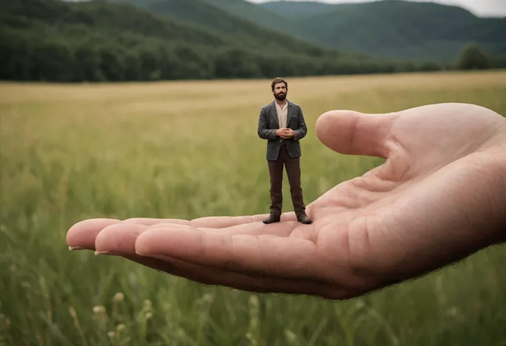 A man holding a tiny man in his hand, 6 inch tall 25 year old man with a short beard and brown eyes, closeup of big man's hand, meadow background