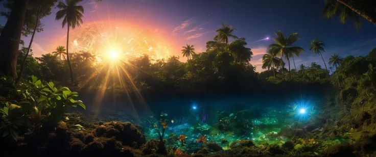 Forest , and tropical island, , a world beneath the surface, where life teems in the deep, a dreamscape where each gaze reveals the profound stories of nature, sunset , sunlight with godrays, in the sky is blue dwarf star and big gas giant and coronal flares ,
((photo raw)), soft lighting Lens Flare and Chromatic Aberration and volumetrics dtx , ,