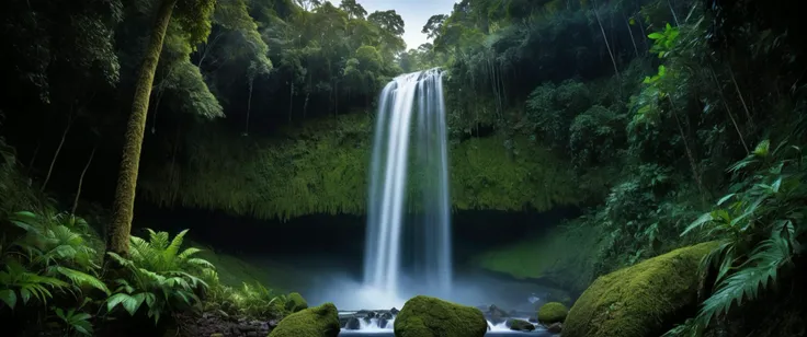 Valley, with forrest , Cascading Waterfall amidst the Rainforest, evening, few stars, clear sky,,
((photo raw)),