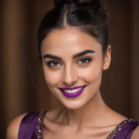 (very close shot, close-up zoomed in face portrait:1.5) photo of a smiling, (closed mouth:1.5) Horny Tall young 22 year old English woman with Long Wavy Bun black hair, Hazel Large eyes, Slim face, Medium nose, Defined jaw, Thin mouth, Narrow brows, Small chin, (Tiny breasts:1.3), toned ass, (manicured nails:1.1),. 
She is wearing a (Purple Polyester long flowing dress:1.1). 
She is facing up in a brothel. midnight, raining.
cinematic lighting, vibrant colors, detailed skin texture, detailed cloth texture, beautiful detailed perfect face, intricate sharp details, ultra high res