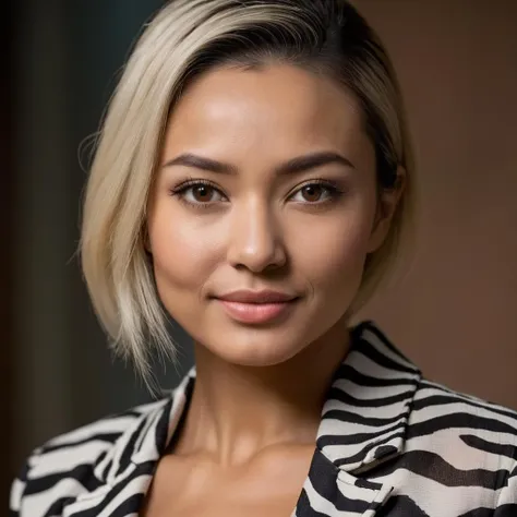 (very close shot, close-up zoomed in face portrait:1.5) photo of a smirking, (closed mouth:1.5) Afraid Muscular young 30 year old Uzbekistan woman with Long Natural Bobbed Platinum hair, Brown Wide eyes, Round face, Turned-Up nose, Strong jaw, Thin mouth, Narrow brows, Strong chin, (Tiny breasts:1.3), muscular ass, (manicured nails:1.1),. 
She is wearing a (Zebra print Gauze jacket and leggings:1.1). 
She is facing perpendicular to camera in a hamlet. night, misty.
cinematic lighting, vibrant colors, detailed skin texture, detailed cloth texture, beautiful detailed perfect face, intricate sharp details, ultra high res