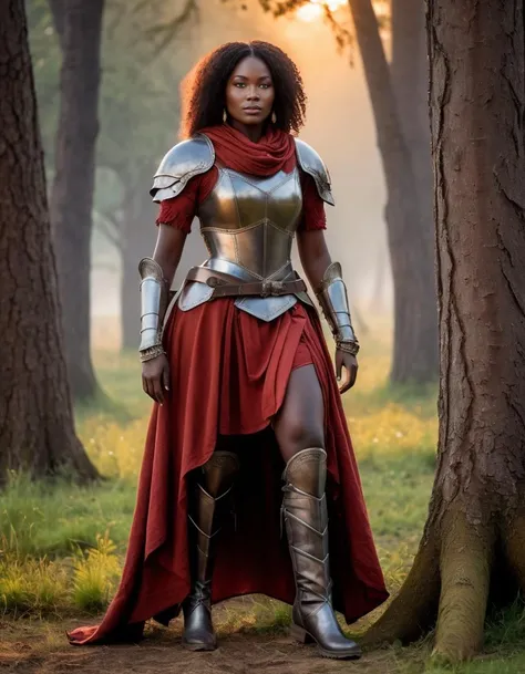 (medieval fantasy:1.5), (fantasy style:1.1). (zoomed out, far shot, full body:1.3) photo of a voluptuous Burkina Faso woman with long red blunted, (perfect hands:1.5), (manicured nails:1.5).
She is wearing a (gritty realistic fantasy ranger armor, bracers, boots:1.1). 
She is leaning facing diagonal to camera, in a orchard with (tall trees:1.5) with displays and animals in the background. sunset, misty.
cinematic lighting, vibrant colors, detailed skin texture, detailed cloth texture, beautiful detailed perfect face, intricate sharp details, ultra high res