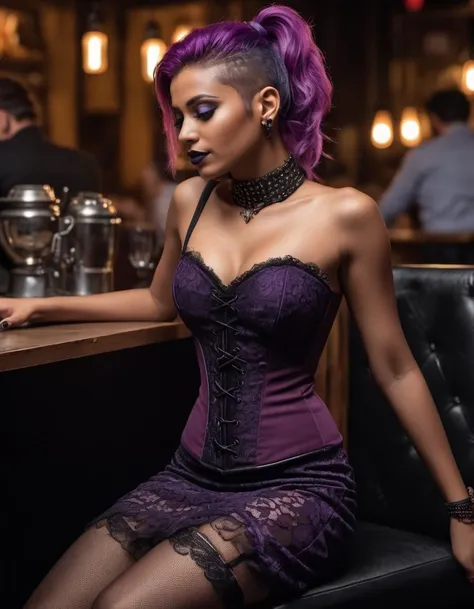 (zoomed out, very far shot, full body:1.3) photo of a punk rock Kannada woman with medium purple ponytail, (perfect hands:1.5), (manicured nails:1.5).
She is wearing a (cheetah print lace dress with corset waist, high heels:1.1). 
She is lying facing left, in a restaurant with crates and gadgets in the background. midnight, misty.
cinematic lighting, vibrant colors, detailed skin texture, detailed cloth texture, beautiful detailed perfect face, intricate sharp details, ultra high res