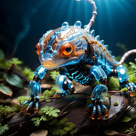 cinematic film still of a translucent (cybernetic robot-like Paddle-tail newt:1.5), (blue glowing veins:1.3) (cables going into body, circuits:1.3), extremely detailed,, vignette, highly detailed, high budget, bokeh, moody, epic, gorgeous, film grain, grainy <lora:xl_more_art-full_v1:1>
