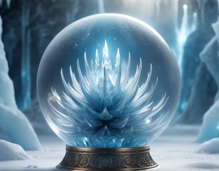close up fantasy whimsical ice world surround by glowing particle orb light , masterpiece, high quality, insanely detailed and intricate, concept art, luxury, elite, elegant, blur background