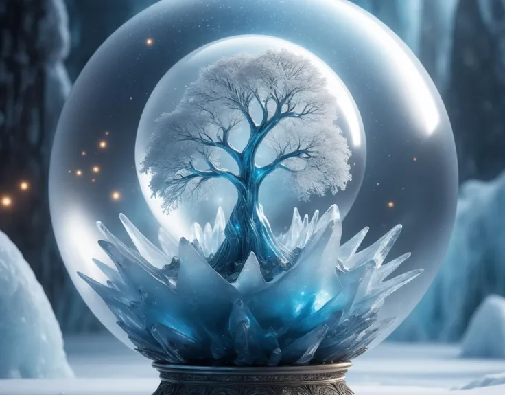 close up fantasy whimsical ice world surround by glowing particle orb light , masterpiece, high quality, insanely detailed and intricate, concept art, luxury, elite, elegant, blur background